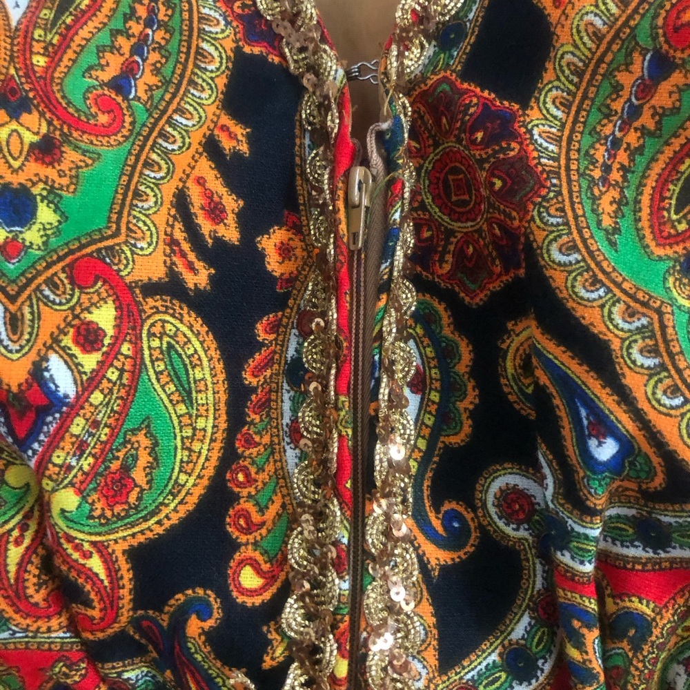 Vtg Jumpsuit 60s 70s Psychedelic Paisley Palazzo Leg Gold Rick Rack Trim S-XS - Picture 11 of 12